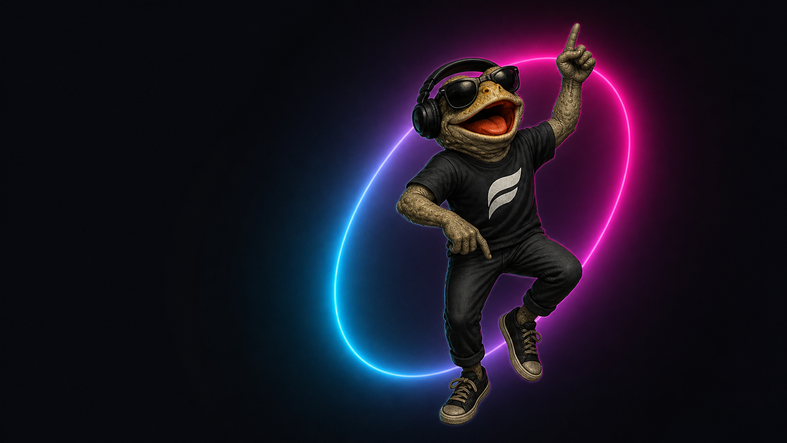 Frog, Festly's friendly Colorado River toad helper, wearing sunglasses, headphones, a black Festly shirt, and shoes.